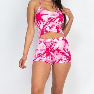 Pink Acid Wash Cropped Racerback Cami & Short Set